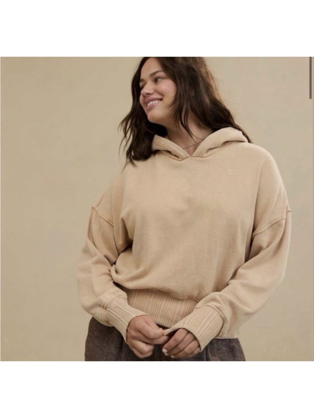 Aerie Cropped Tan Beige Hoodie With White Bow Detail Sz S